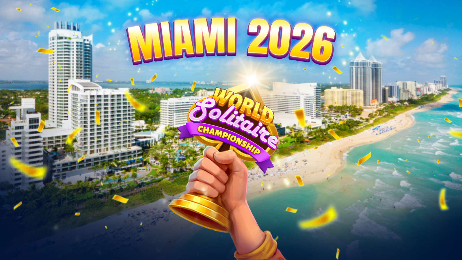 World Solitaire Championship Logo in front of a Miami beachfront hotel with playing cards falling down around it.